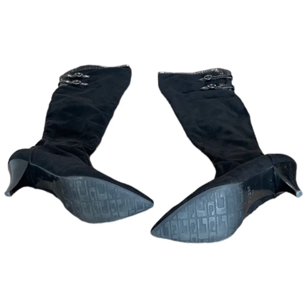 Guess Funke‎ Black Suede Thigh High Heeled Boots Pointed Toe Buckle Detail 7.5